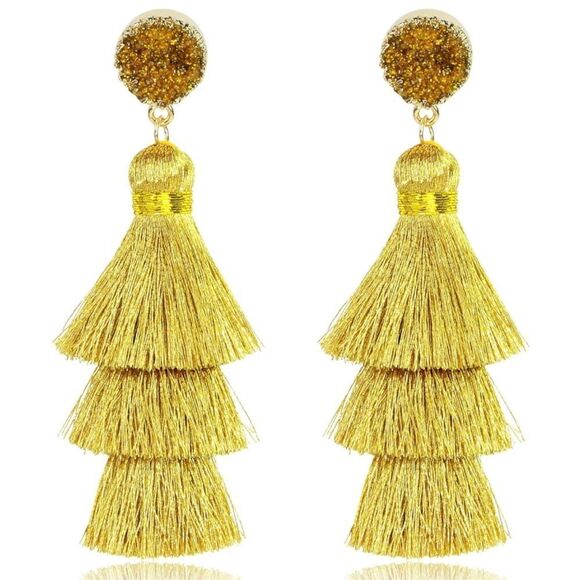 14K Yellow Gold with Gold Silk Thread Tassel and Quartz Druzy Post Drop Earrings - Picture 1 of 9